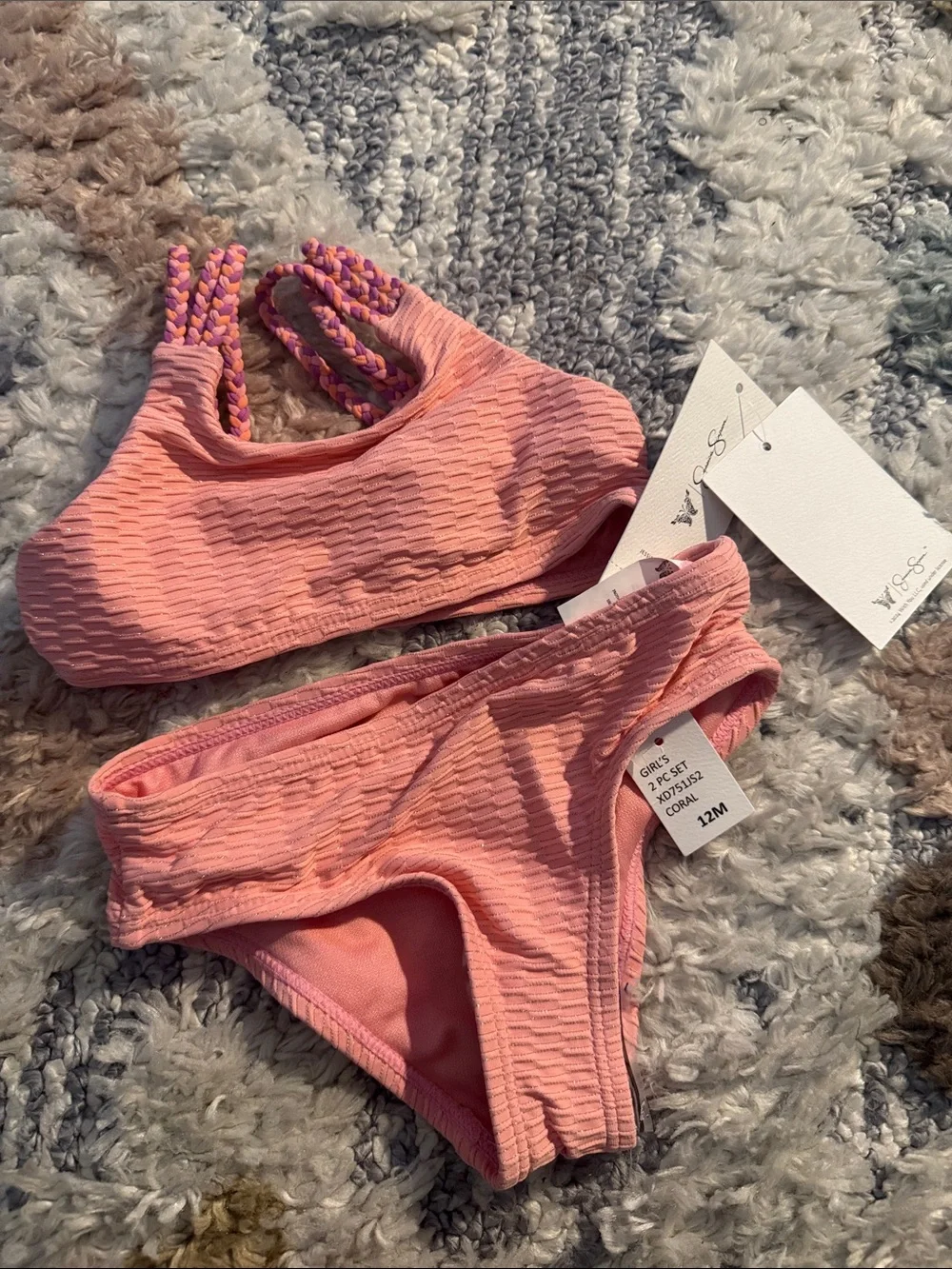Jessica Simpson Coral/ Pink Textured Bikini with Braided Straps
